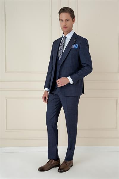 Slim Fit Kırçıllı Dokuma Yünlü Lacivert Yelekli Takım Elbise TK 906