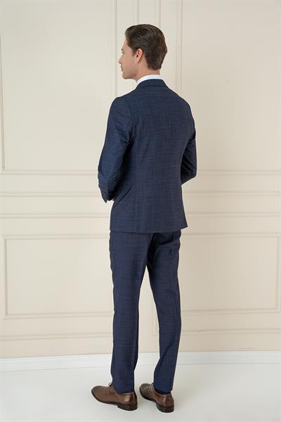 Slim Fit Kırçıllı Dokuma Yünlü Lacivert Yelekli Takım Elbise TK 906