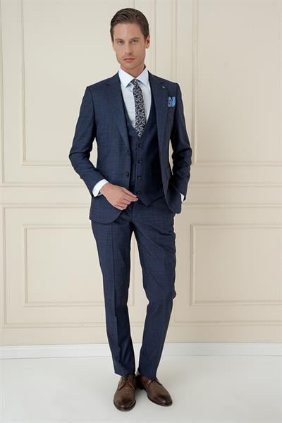 Slim Fit Kırçıllı Dokuma Yünlü Lacivert Yelekli Takım Elbise TK 906