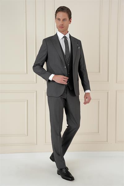 Slim Fit Kırlangıç Yaka Dokulu Füme Yelekli Takım Elbise TK 907