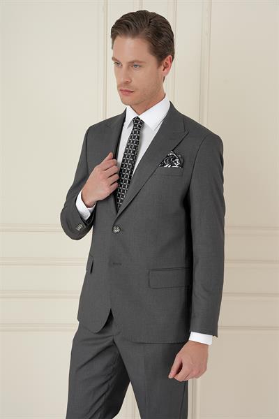 Slim Fit Kırlangıç Yaka Dokulu Füme Yelekli Takım Elbise TK 907