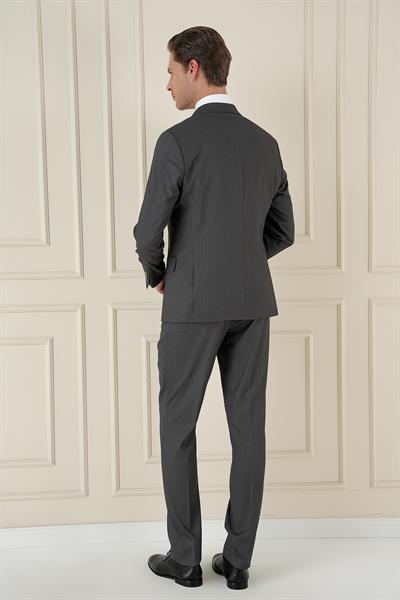 Slim Fit Kırlangıç Yaka Dokulu Füme Yelekli Takım Elbise TK 907