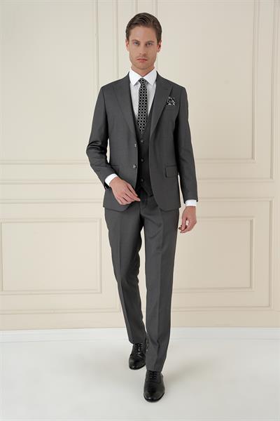 Slim Fit Kırlangıç Yaka Dokulu Füme Yelekli Takım Elbise TK 907