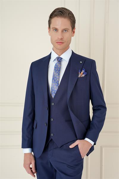 Slim Fit Kırlangıç Yaka Dokulu Lacivert Yelekli Takım Elbise TK 907