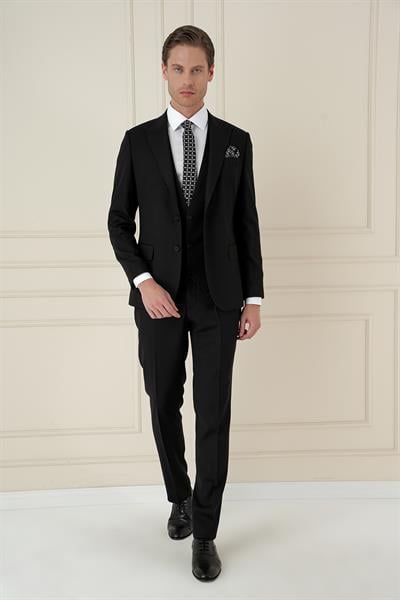 Slim Fit Kırlangıç Yaka Dokulu Siyah Yelekli Takım Elbise TK 907