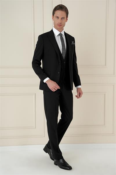 Slim Fit Kırlangıç Yaka Dokulu Siyah Yelekli Takım Elbise TK 907