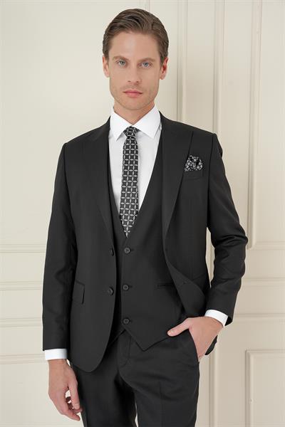 Slim Fit Kırlangıç Yaka Dokulu Siyah Yelekli Takım Elbise TK 907