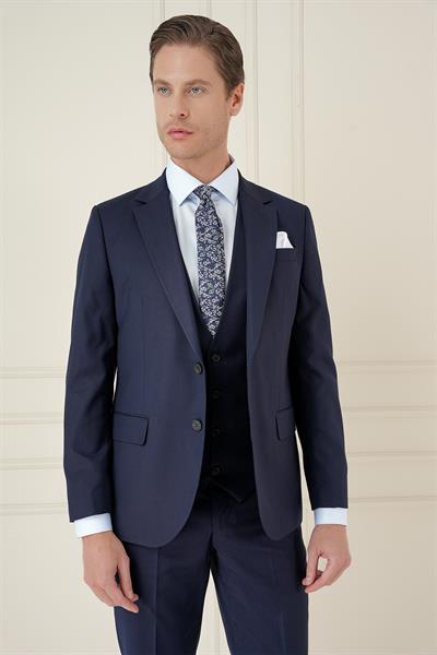 Slim Fit Çift Yırtmaç Doku Desenli Lacivert Yelekli Takım Elbise TK 908