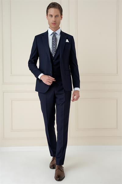 Slim Fit Çift Yırtmaç Doku Desenli Lacivert Yelekli Takım Elbise TK 908