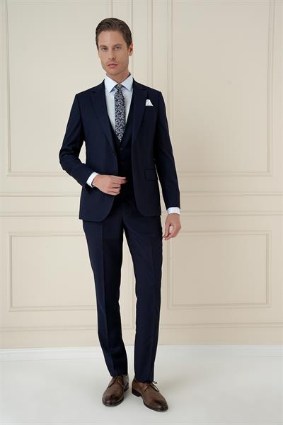 Slim Fit Çift Yırtmaç Doku Desenli Lacivert Yelekli Takım Elbise TK 908