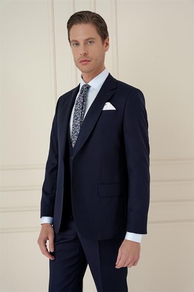 Slim Fit Çift Yırtmaç Doku Desenli Lacivert Yelekli Takım Elbise TK 908