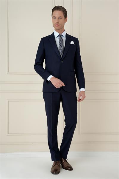 Slim Fit Çift Yırtmaç Doku Desenli Lacivert Yelekli Takım Elbise TK 908