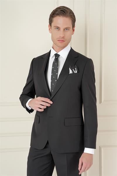 Slim Fit Çift Yırtmaç Doku Desenli Siyah Yelekli Takım Elbise TK 908