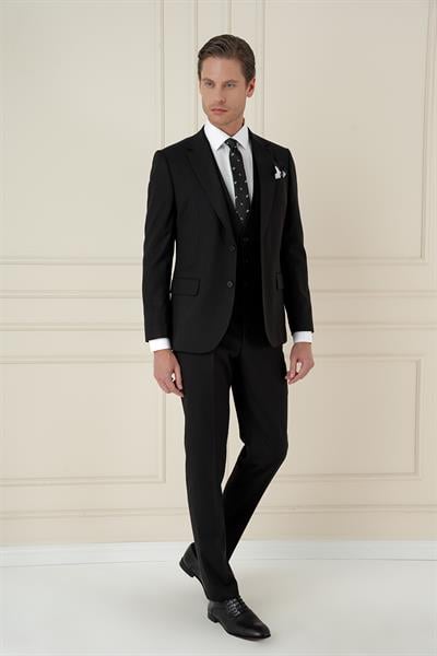 Slim Fit Çift Yırtmaç Doku Desenli Siyah Yelekli Takım Elbise TK 908