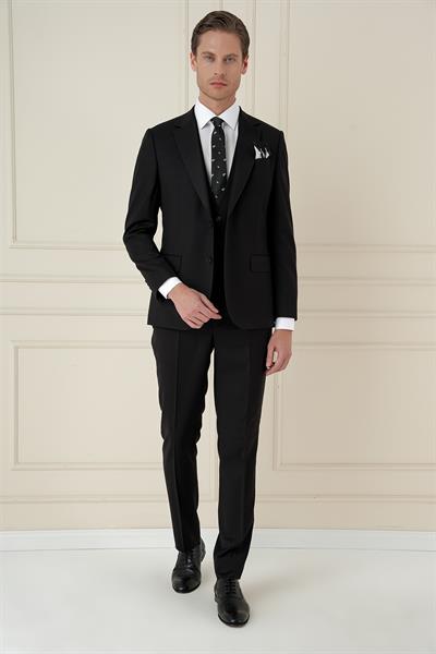 Slim Fit Çift Yırtmaç Doku Desenli Siyah Yelekli Takım Elbise TK 908