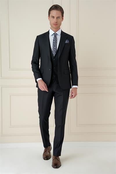 Slim Fit Çift Yırtmaç Kazayağı Dokulu Lacivert Yelekli Takım Elbise TK 910