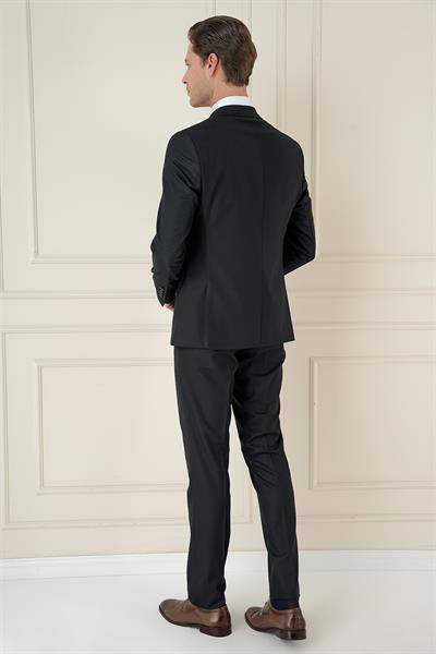Slim Fit Çift Yırtmaç Kazayağı Dokulu Lacivert Yelekli Takım Elbise TK 910