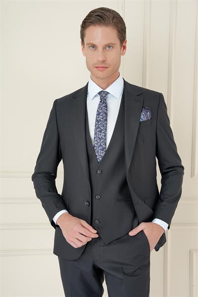 Slim Fit Çift Yırtmaç Kazayağı Dokulu Lacivert Yelekli Takım Elbise TK 910