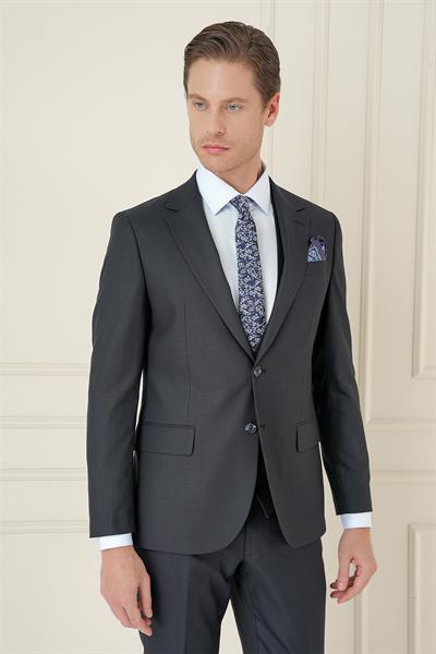Slim Fit Çift Yırtmaç Kazayağı Dokulu Lacivert Yelekli Takım Elbise TK 910