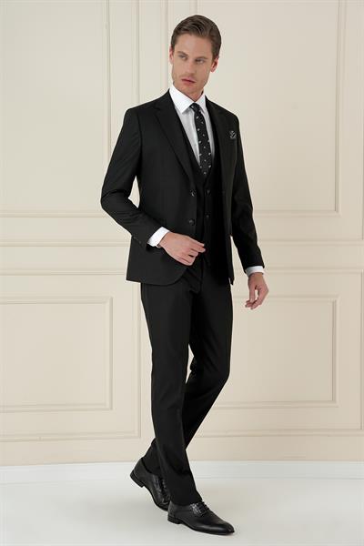 Slim Fit Çift Yırtmaç Kazayağı Dokulu Siyah Yelekli Takım Elbise TK 910