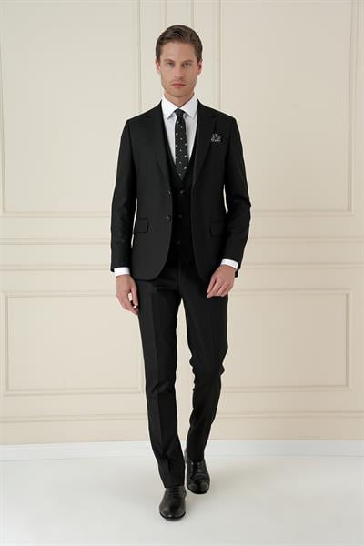 Slim Fit Çift Yırtmaç Kazayağı Dokulu Siyah Yelekli Takım Elbise TK 910