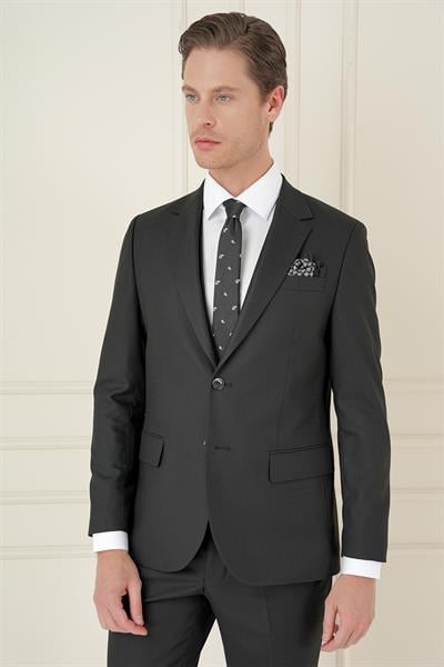 Slim Fit Çift Yırtmaç Kazayağı Dokulu Siyah Yelekli Takım Elbise TK 910