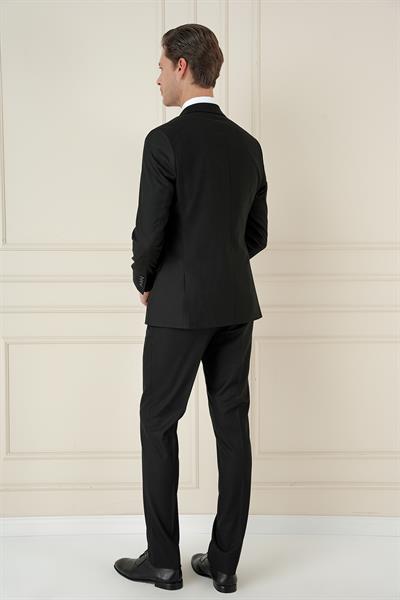 Slim Fit Çift Yırtmaç Kazayağı Dokulu Siyah Yelekli Takım Elbise TK 910