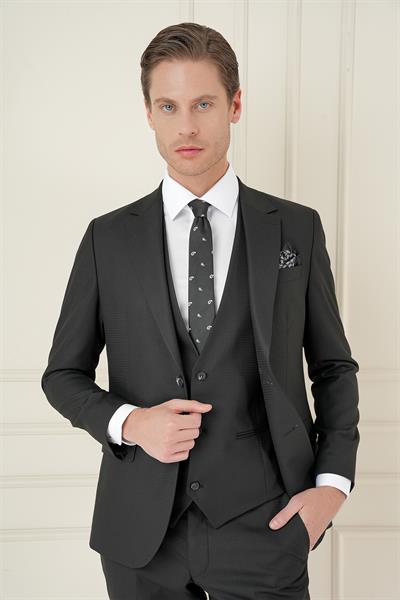 Slim Fit Çift Yırtmaç Kazayağı Dokulu Siyah Yelekli Takım Elbise TK 910