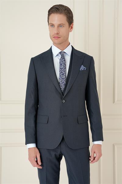 Slim Fit Kırlangıç Yaka Doku Desenli Lacivert Yelekli Takım Elbise TK 911
