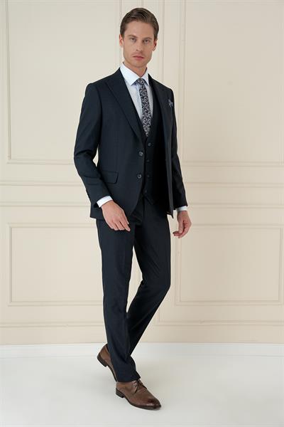Slim Fit Kırlangıç Yaka Doku Desenli Lacivert Yelekli Takım Elbise TK 911