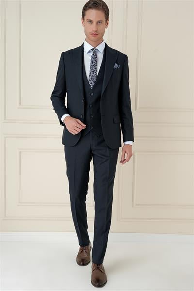 Slim Fit Kırlangıç Yaka Doku Desenli Lacivert Yelekli Takım Elbise TK 911