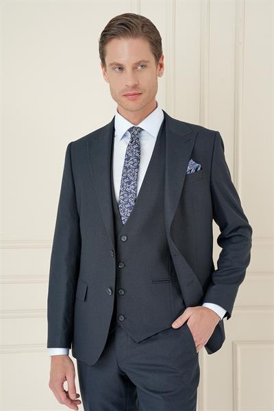 Slim Fit Kırlangıç Yaka Doku Desenli Lacivert Yelekli Takım Elbise TK 911