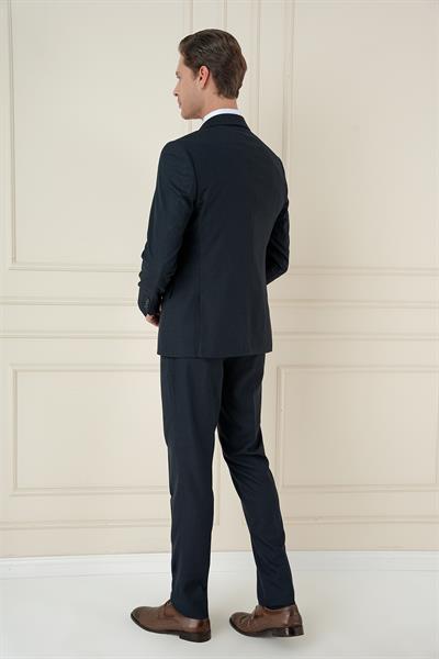 Slim Fit Kırlangıç Yaka Doku Desenli Lacivert Yelekli Takım Elbise TK 911