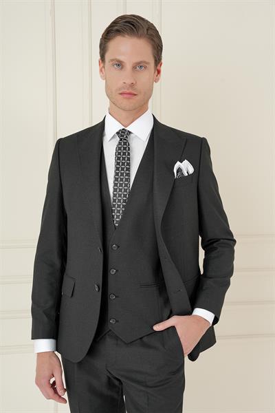 Slim Fit Kırlangıç Yaka Doku Desenli Siyah Yelekli Takım Elbise TK 911