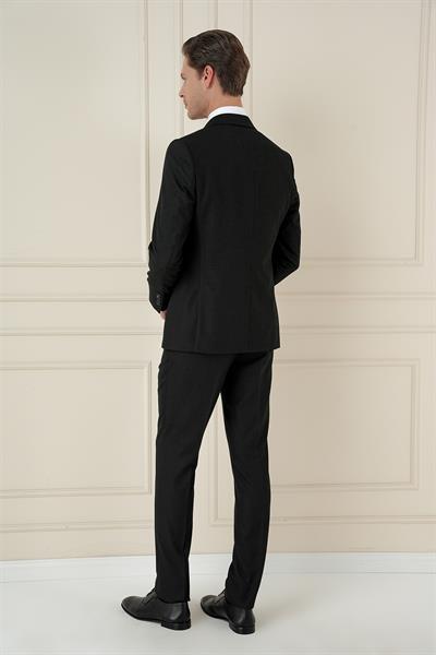 Slim Fit Kırlangıç Yaka Doku Desenli Siyah Yelekli Takım Elbise TK 911