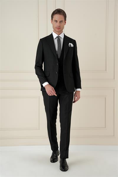 Slim Fit Kırlangıç Yaka Doku Desenli Siyah Yelekli Takım Elbise TK 911