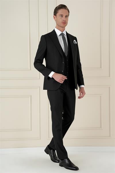 Slim Fit Kırlangıç Yaka Doku Desenli Siyah Yelekli Takım Elbise TK 911