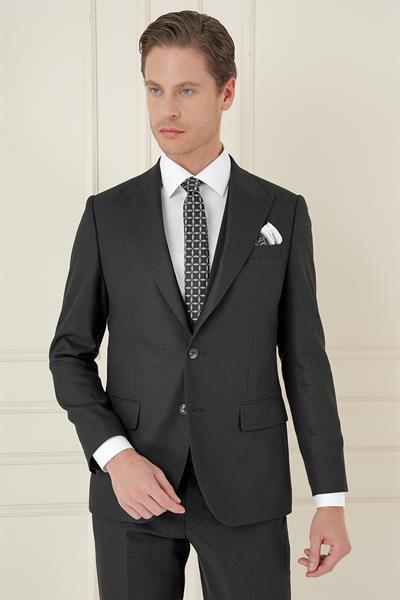 Slim Fit Kırlangıç Yaka Doku Desenli Siyah Yelekli Takım Elbise TK 911