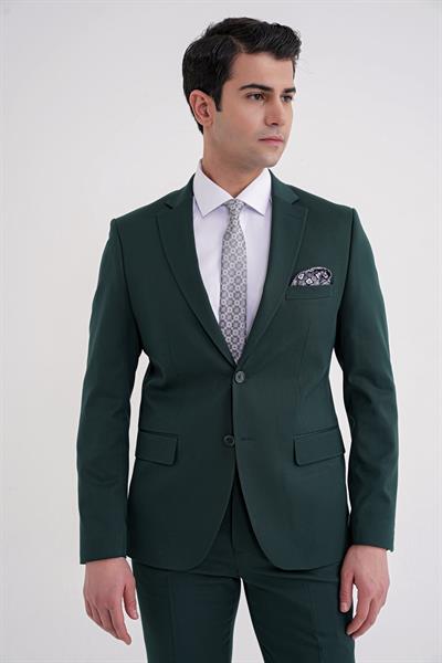 Slim Fit Çift Yırtmaç Düz Yeşil Klasik Takım Elbise TK 913