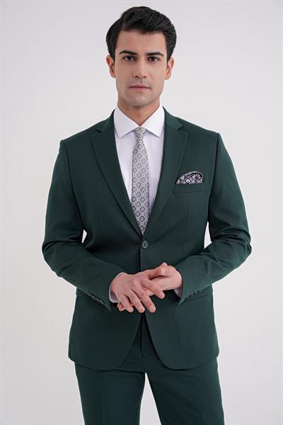 Slim Fit Çift Yırtmaç Düz Yeşil Klasik Takım Elbise TK 913