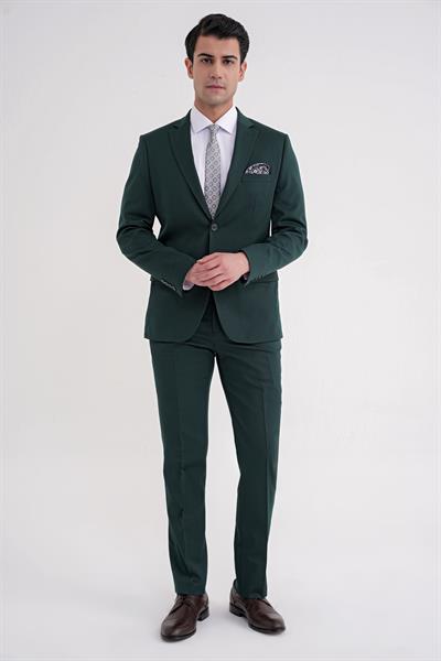 Slim Fit Çift Yırtmaç Düz Yeşil Klasik Takım Elbise TK 913