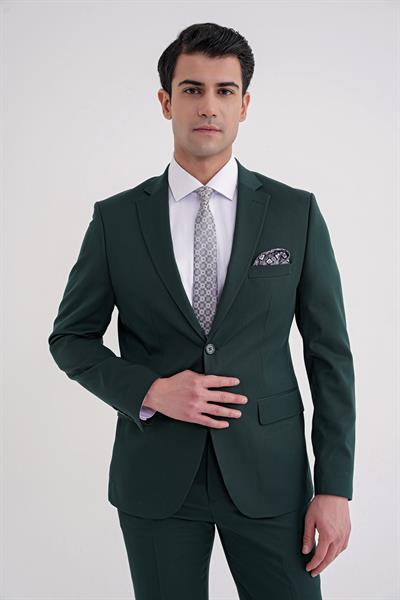 Slim Fit Çift Yırtmaç Düz Yeşil Klasik Takım Elbise TK 913