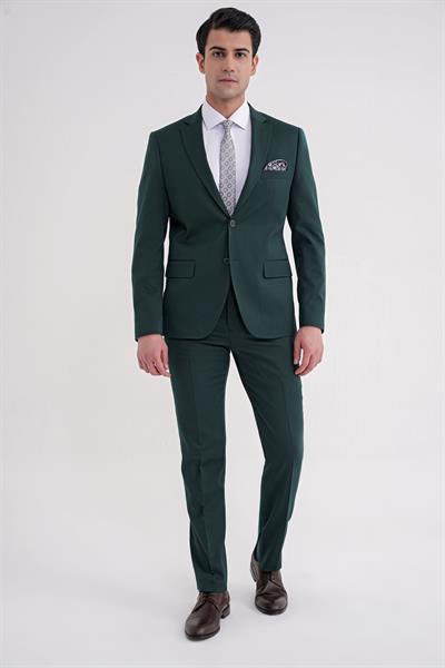 Slim Fit Çift Yırtmaç Düz Yeşil Klasik Takım Elbise TK 913