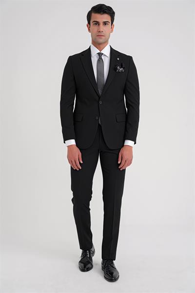 Slim Fit Çift Yırtmaç Esnek Düz Siyah Takım Elbise Tk 917