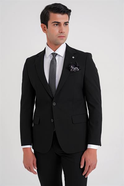 Slim Fit Çift Yırtmaç Esnek Düz Siyah Takım Elbise Tk 917
