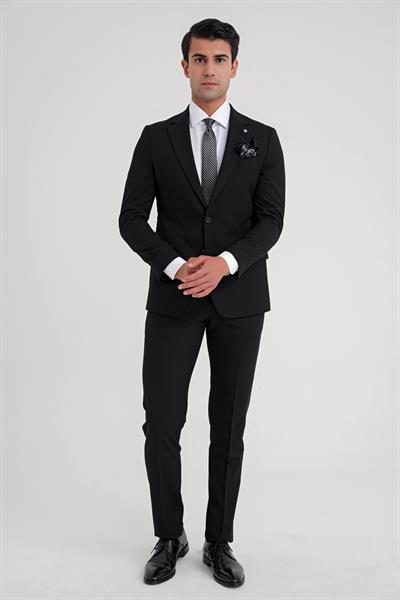 Slim Fit Çift Yırtmaç Esnek Düz Siyah Takım Elbise Tk 917