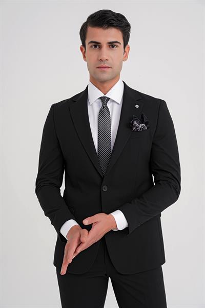 Slim Fit Çift Yırtmaç Esnek Düz Siyah Takım Elbise Tk 917