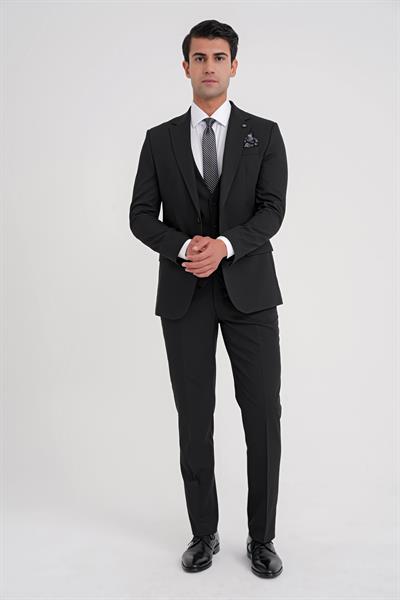 Slim Fit Çift Yırtmaç Doku Desenli Siyah Yelekli Takım Elbise TK 921