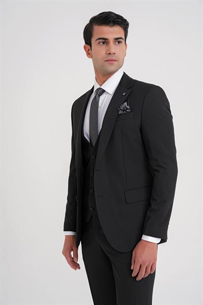 Slim Fit Çift Yırtmaç Doku Desenli Siyah Yelekli Takım Elbise TK 921