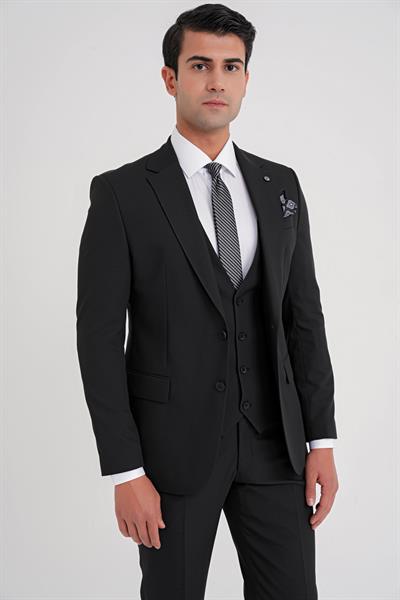 Slim Fit Çift Yırtmaç Doku Desenli Siyah Yelekli Takım Elbise TK 921
